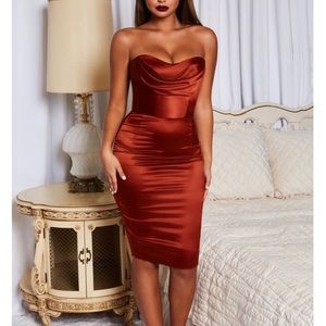 Copper, Bustier, Strapless, Knee Length, Satin, OH POLLY dress -Size UK 6(US 2)